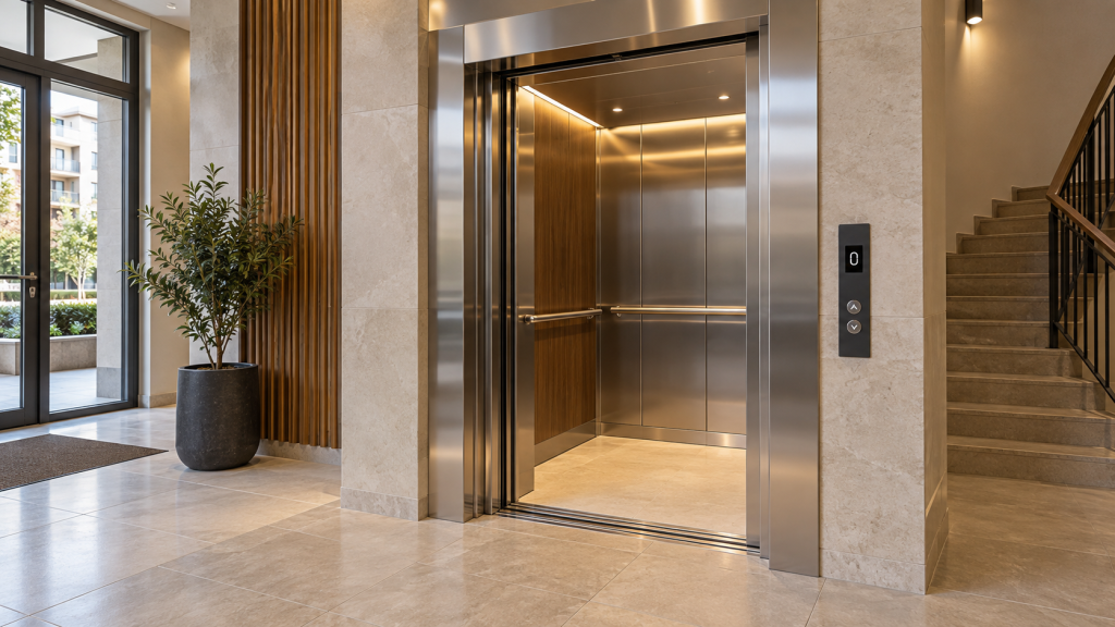 Modern apartman girişinde ahşap detaylı ve sıcak aydınlatmalı paslanmaz çelik asansör