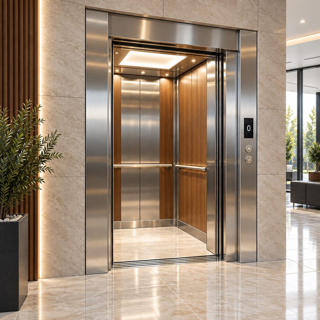 Ahşap ve paslanmaz çelik detaylı modern asansör kabini